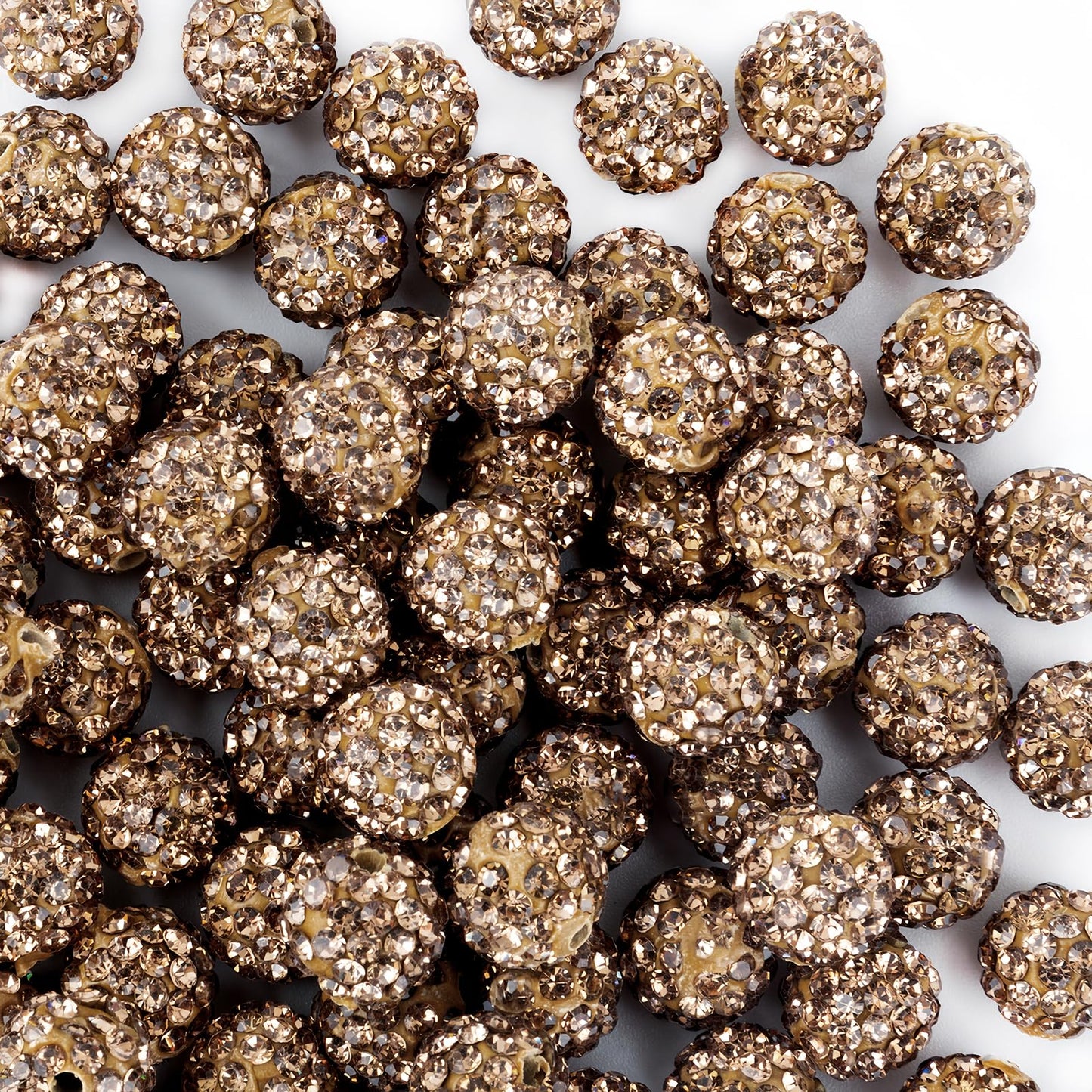 10mm Clay Rhinestone Beads for Bracelets, 100 Pcs Sparkle Crystal Beads for Jewelry Making, Glitter Round Shamballa Disco Ball Design for DIY Crafts Necklace Earrings Decoration (Light Brown)