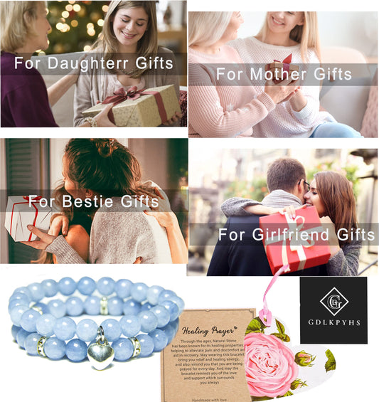 GDLKPYHS Healing Bracelets for Women - Aquamarine Bracelet - Healing Prayers Crystal Bracelet, 8mm Natural Stone Stress Relief Yoga Beads Get Well Soon Gifts